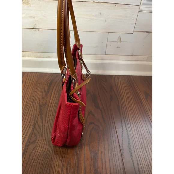 Red Purse Brown Straps Satchel Hand Bag Braided accents Pockets - Picture 3 of 8